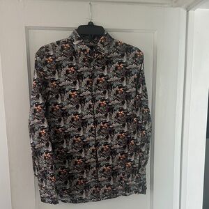 Express Men’s Black Button-Down Shirt with Copper & Teal Floral Print